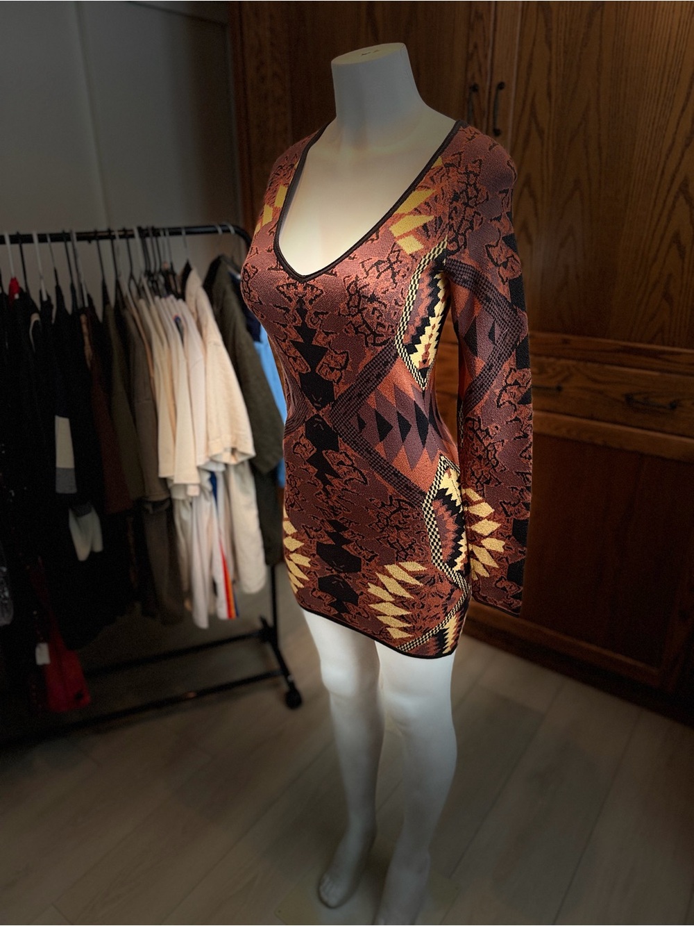 Free People Multi-Patterned Rust and Yellow V-Neck Mini Dress